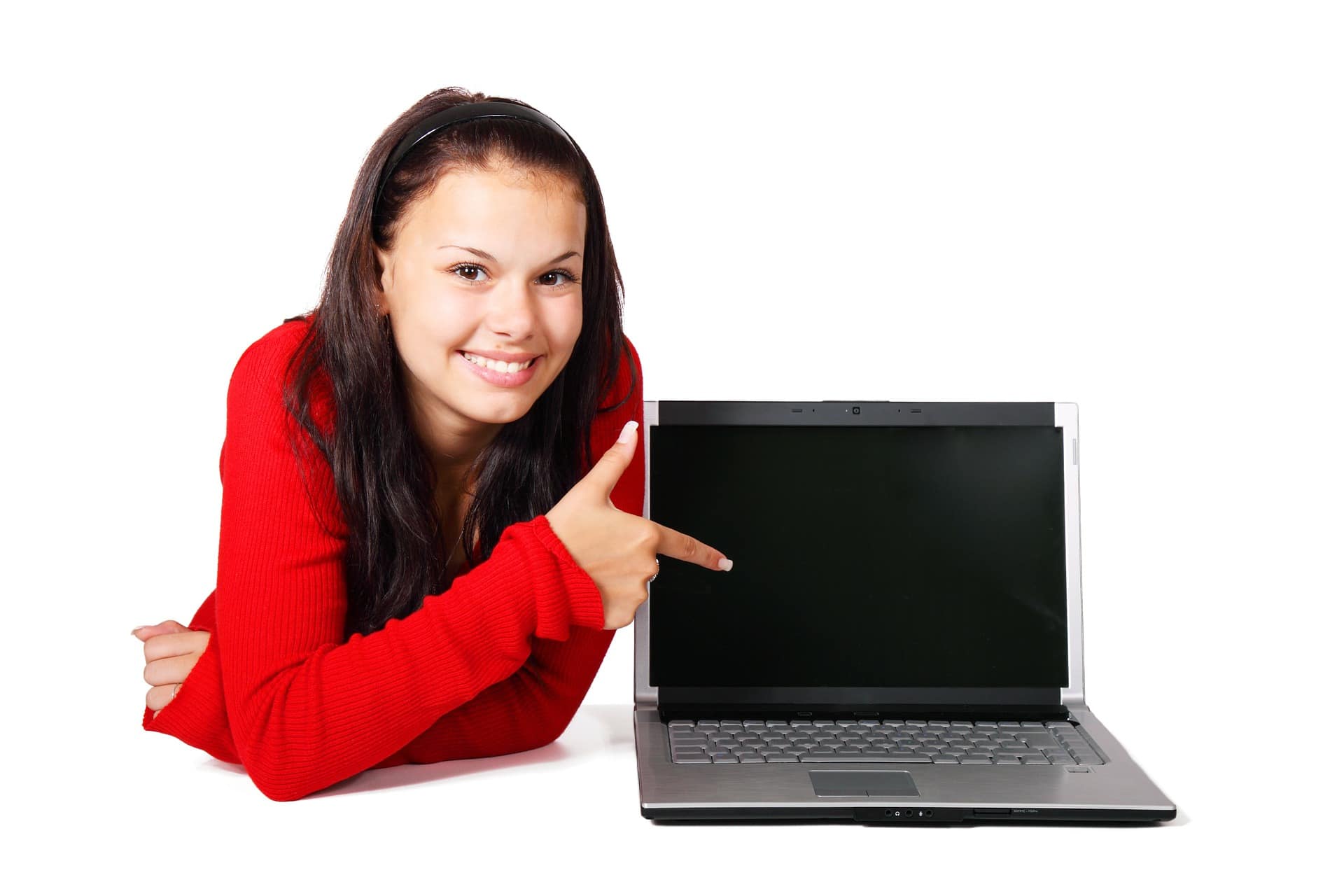 Woman Pointing to Laptop